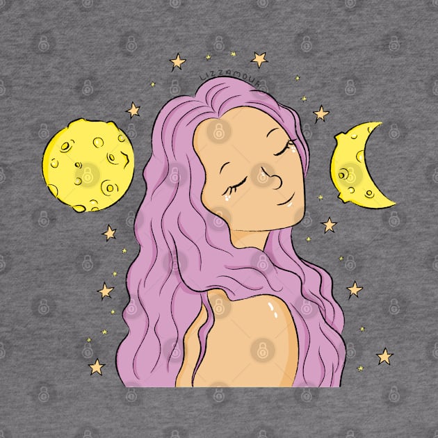 Purple Haired Girl with Moons and Stars Illustration by Lizzamour